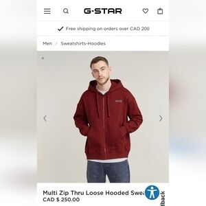 G-Star Raw Multi Zip Thru Loose Hooded Sweater, Red, XL, NWT